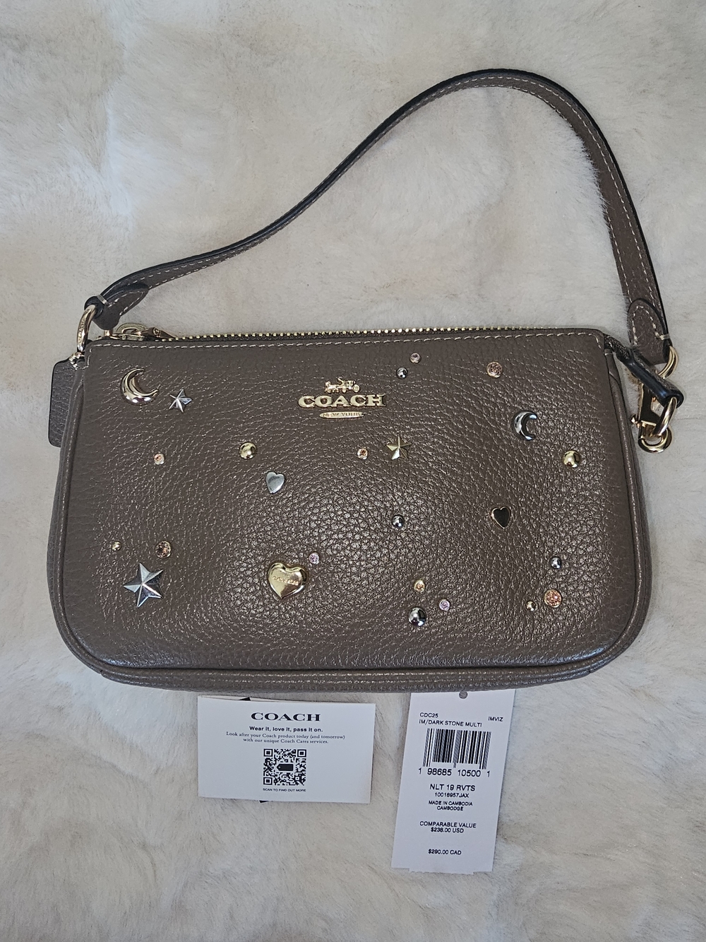 Coach NWT Nolita 19 Metallic Stars And Moons Studded Pebbled Leather Handbag.